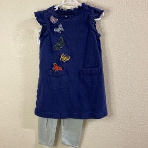 Hanna Anderson Navy Butterfly‎ dress w/ polka dot pants outfit 2T